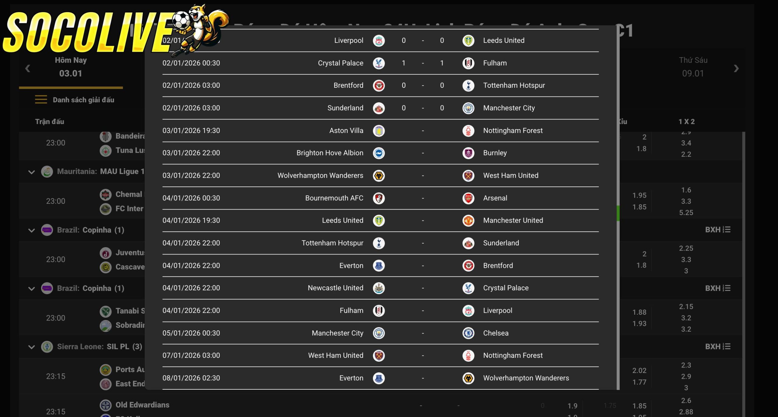 Socolive cung cấp đầy đủ lịch thi đấu